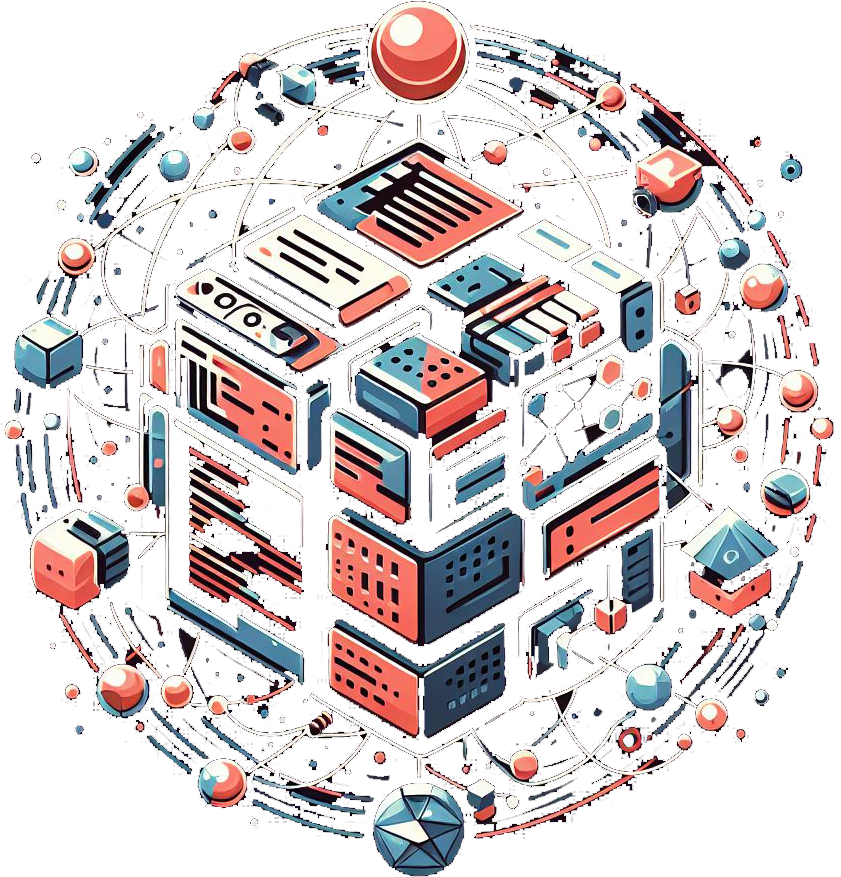 An illustration containing various lines, shapes in blues, reds and whites making a larger cube centered inside of a circular pattern.