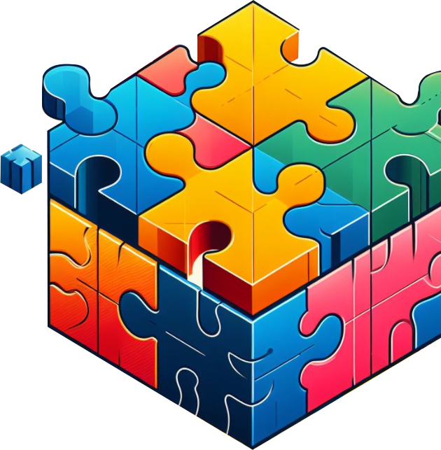 A vector illustration of a cube made from red, yellow and blue puzzle pieces.